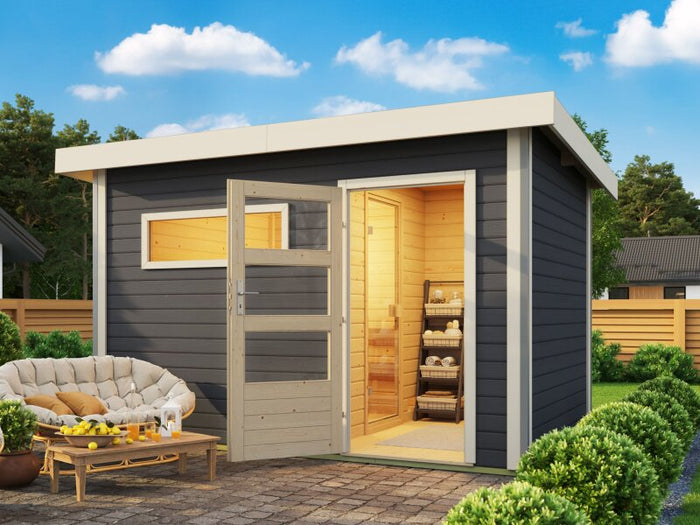 Karibu Saunahaus Skrollan 2, inkl. 9 kW Ofen ext. Steuerung HUUM, Moderne Tür, Terragrau