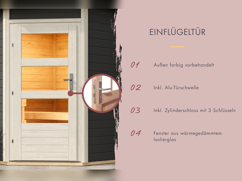 Karibu Saunahaus Skrollan 2, inkl. 9 kW Ofen ext. Steuerung HUUM, Moderne Tür, Terragrau