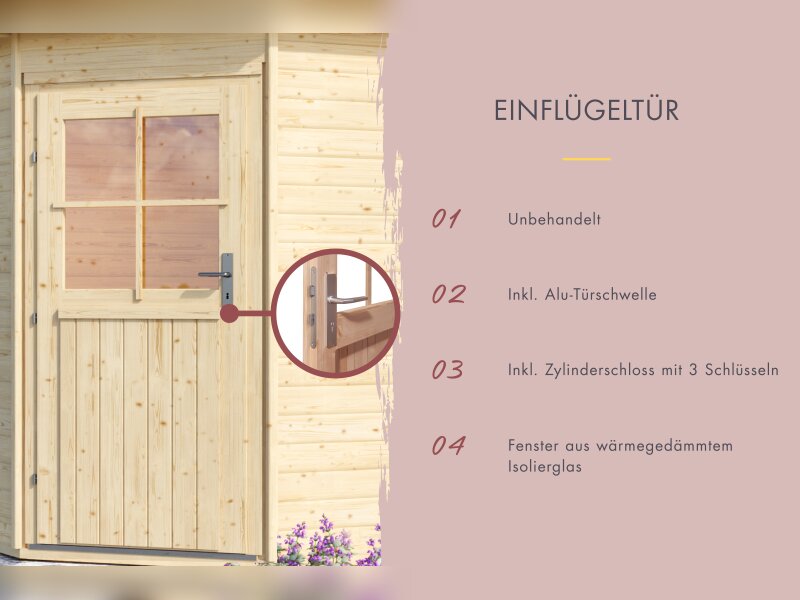 Karibu Saunahaus Skrollan 2, inkl. 9 kW Bioofen ext. Steuerung HUUM - Klassische Tür