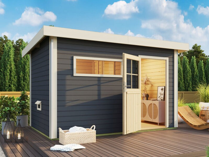 Karibu Saunahaus Skrollan 3, inkl. 9 kW Ofen ext. Steuerung HUUM - Klassische Tür, Terragrau