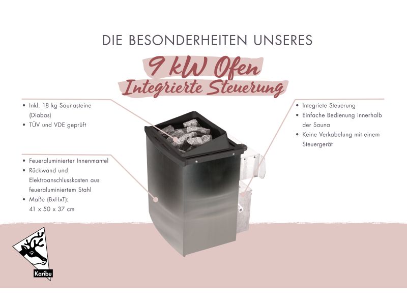 Karibu Saunaofen 9 kW integrierte Steuerung mit Steinen