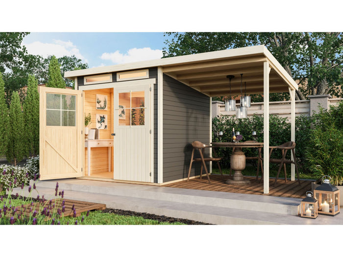 Karibu Gartenhaus Glücksburg 3 terragrau Sparset mit Schleppdach 19 mm