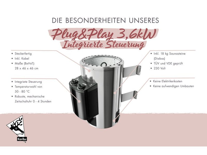 Karibu Saunaofen Plug & Play 3,6 kW integrierte Steuerung steckerfertig