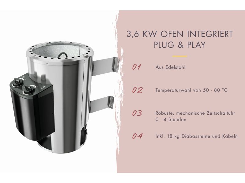 Karibu Saunaofen Plug & Play 3,6 kW integrierte Steuerung steckerfertig