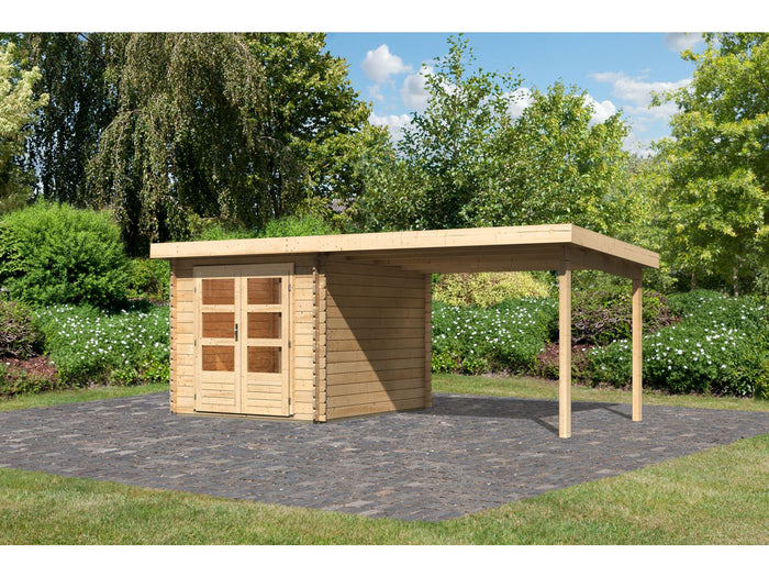 Karibu Gartenhaus Bastrup 4 mit Anbaudach 3 Meter natur