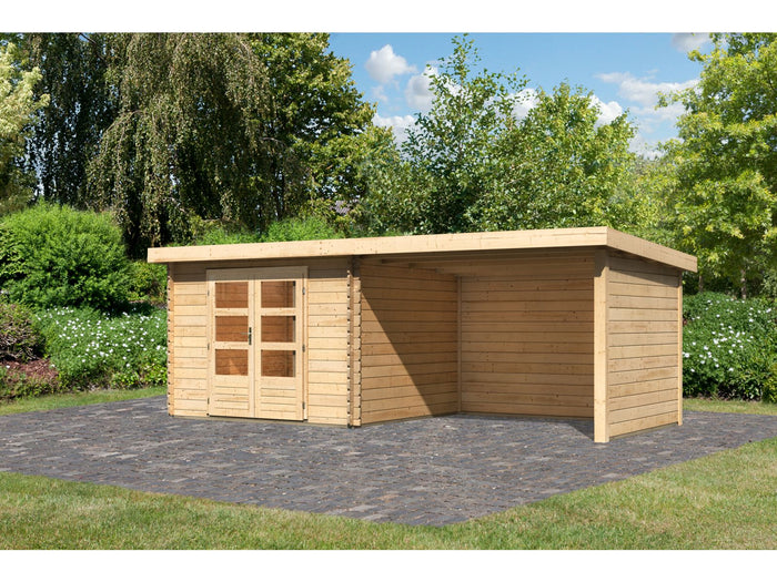 Karibu Gartenhaus Bastrup 5 mit Anbaudach 3 Meter sowie Seiten- und Rückwand