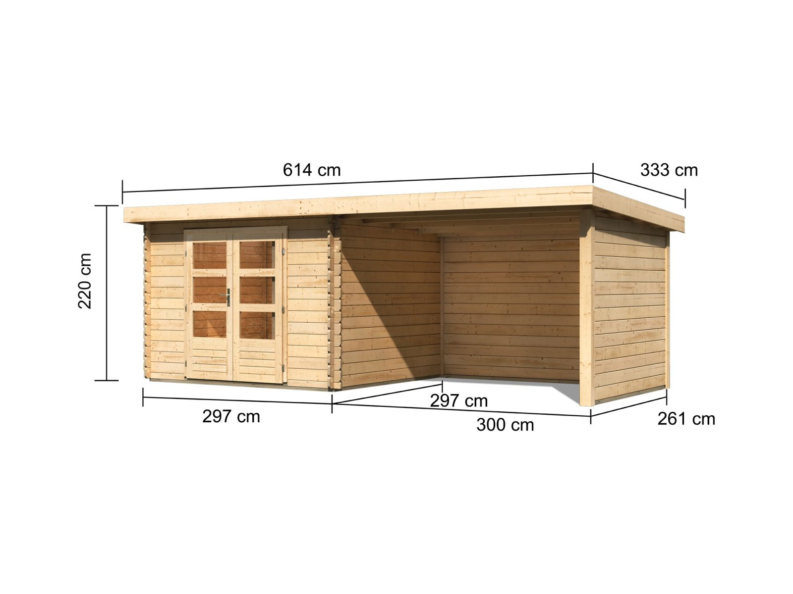Karibu Gartenhaus Bastrup 5 mit Anbaudach 3 Meter sowie Seiten- und Rückwand