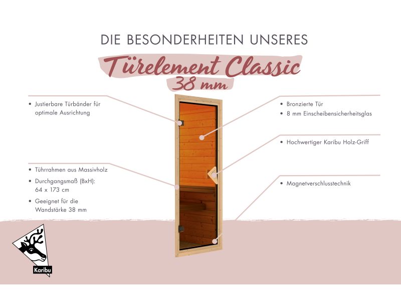 Karibu Saunatür Classic bronziert für 38 / 40 mm Wandstärke