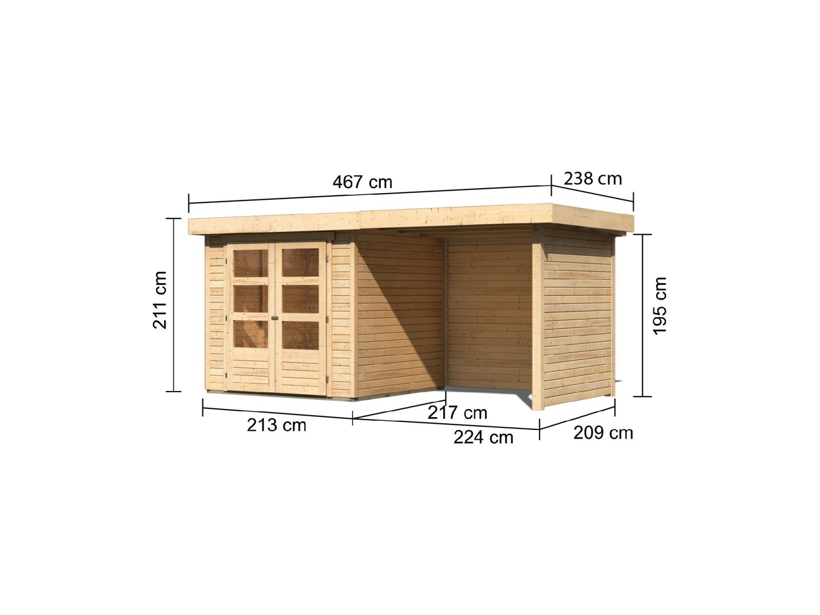 Karibu Gartenhaus Askola 2 mit Anbaudach 2,25 Meter, Seiten- und Rückwand