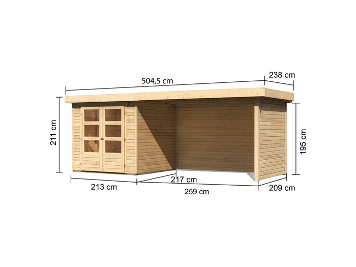 Karibu Gartenhaus Askola 2 mit Anbaudach 2,75 Meter, Seiten- und Rückwand