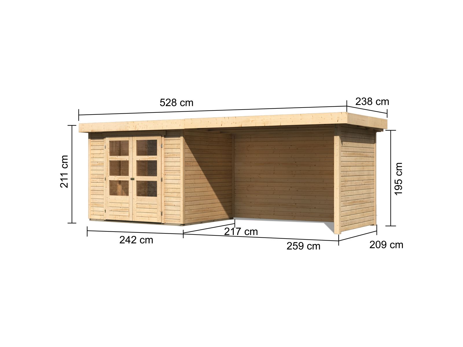 Karibu Gartenhaus Askola 3 mit Anbaudach 2,75 Meter, Seiten- und Rückwand