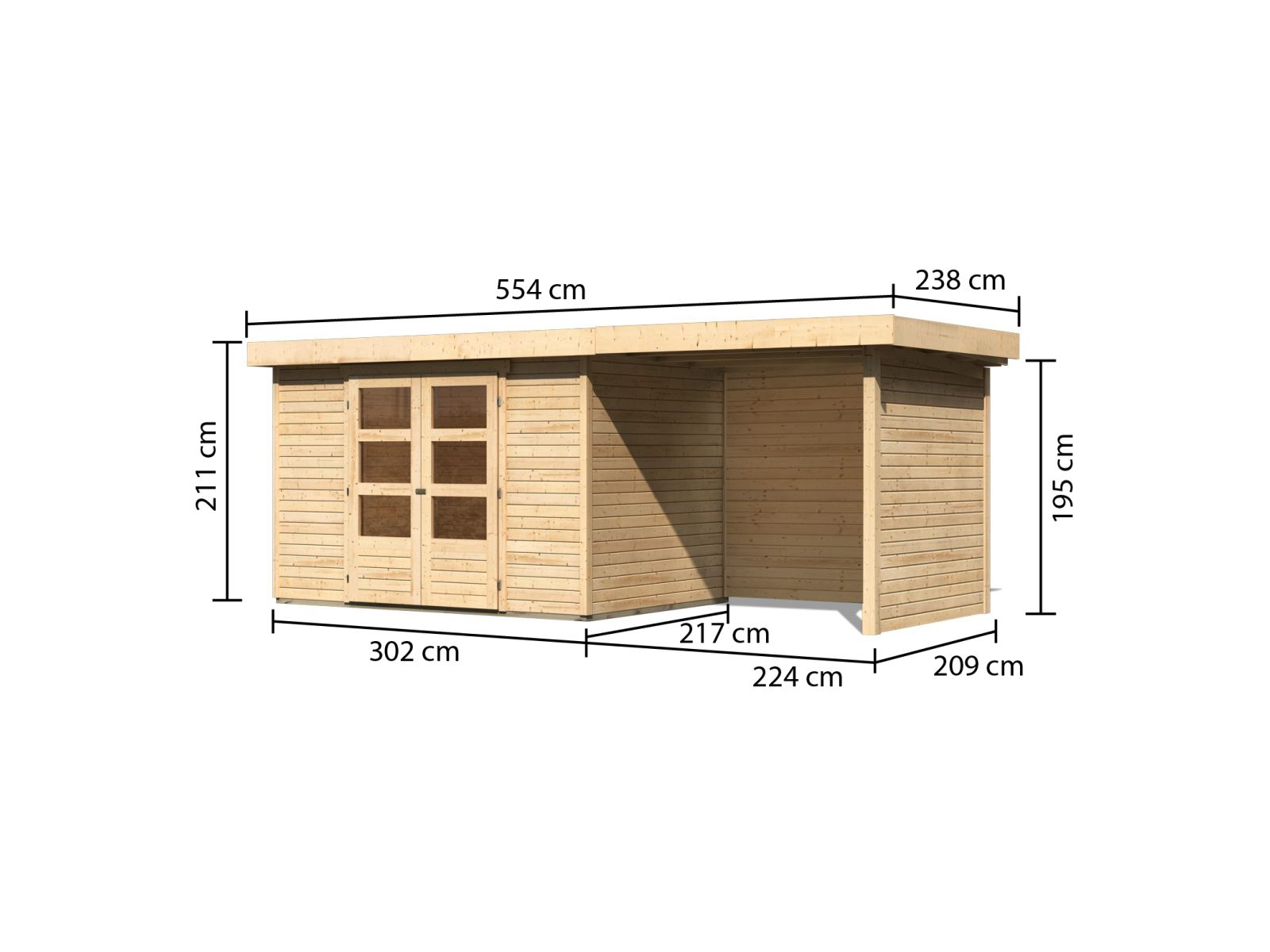 Karibu Gartenhaus Askola 4 mit Anbaudach 2,25 Meter, Seiten- und Rückwand
