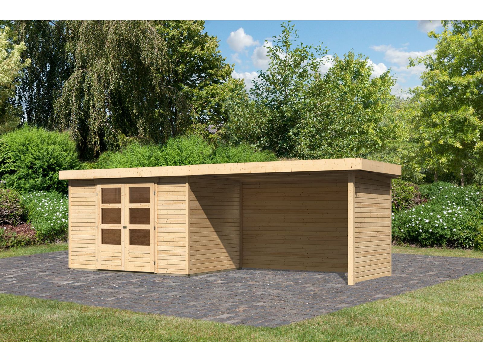 Karibu Gartenhaus Askola 4 mit Anbaudach 2,75 Meter, Seiten- und Rückwand