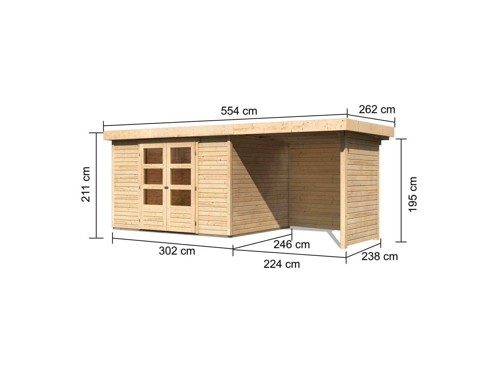 Karibu Gartenhaus Askola 5 mit Anbaudach 2,4 Meter, Seiten- und Rückwand