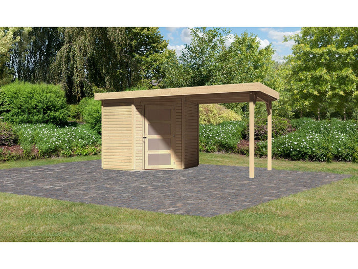 Karibu Gartenhaus Schwandorf 3 natur mit Anbaudach 2,40 Meter