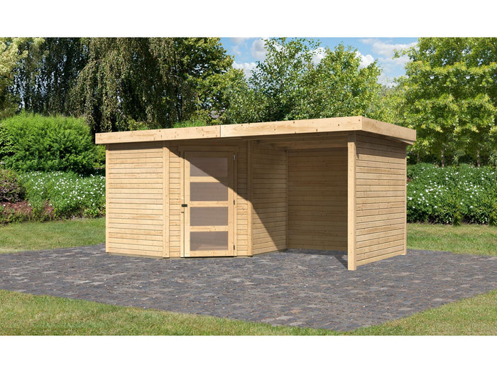 Karibu Gartenhaus Schwandorf 5 natur mit Anbaudach 2,25 Meter, Seiten- und Rückwand