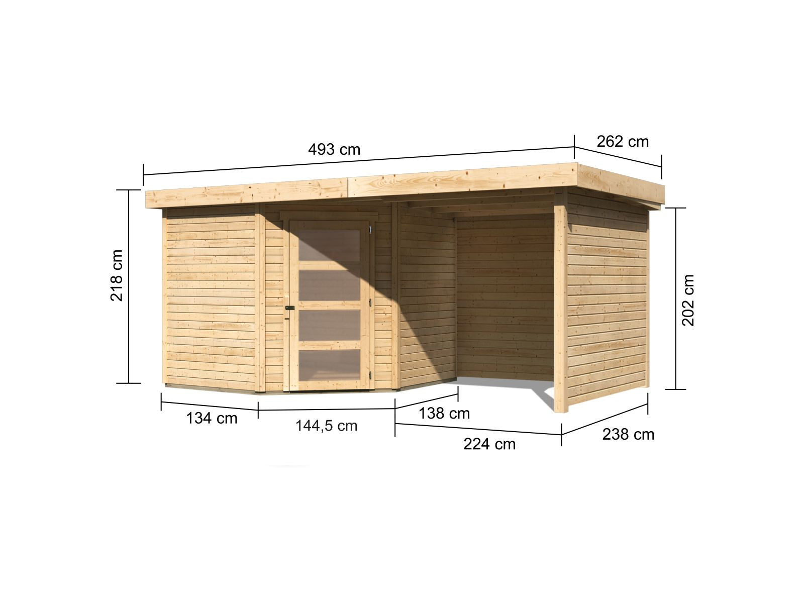 Karibu Gartenhaus Schwandorf 5 natur mit Anbaudach 2,25 Meter, Seiten- und Rückwand