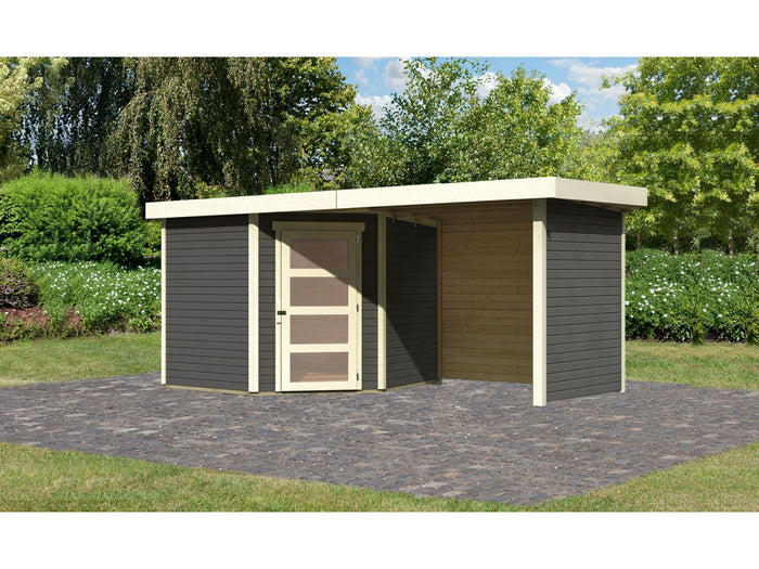 Karibu Gartenhaus Schwandorf 5 terragrau mit Anbaudach 2,25 Meter, Seiten- und Rückwand