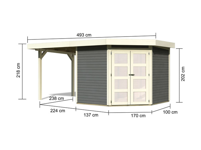 Karibu Gartenhaus Goldendorf 5 terragrau 19 mm mit Anbaudach 2,20 m