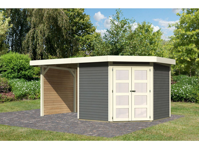Karibu Gartenhaus Goldendorf 5 terragrau 19 mm mit Anbaudach 2,20 m, Seiten- und Rückwand