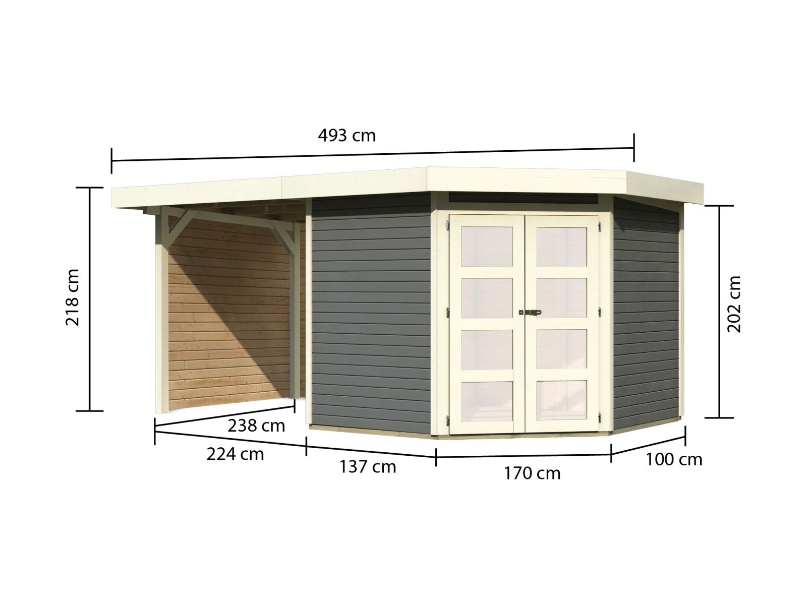 Karibu Gartenhaus Goldendorf 5 terragrau 19 mm mit Anbaudach 2,20 m, Seiten- und Rückwand