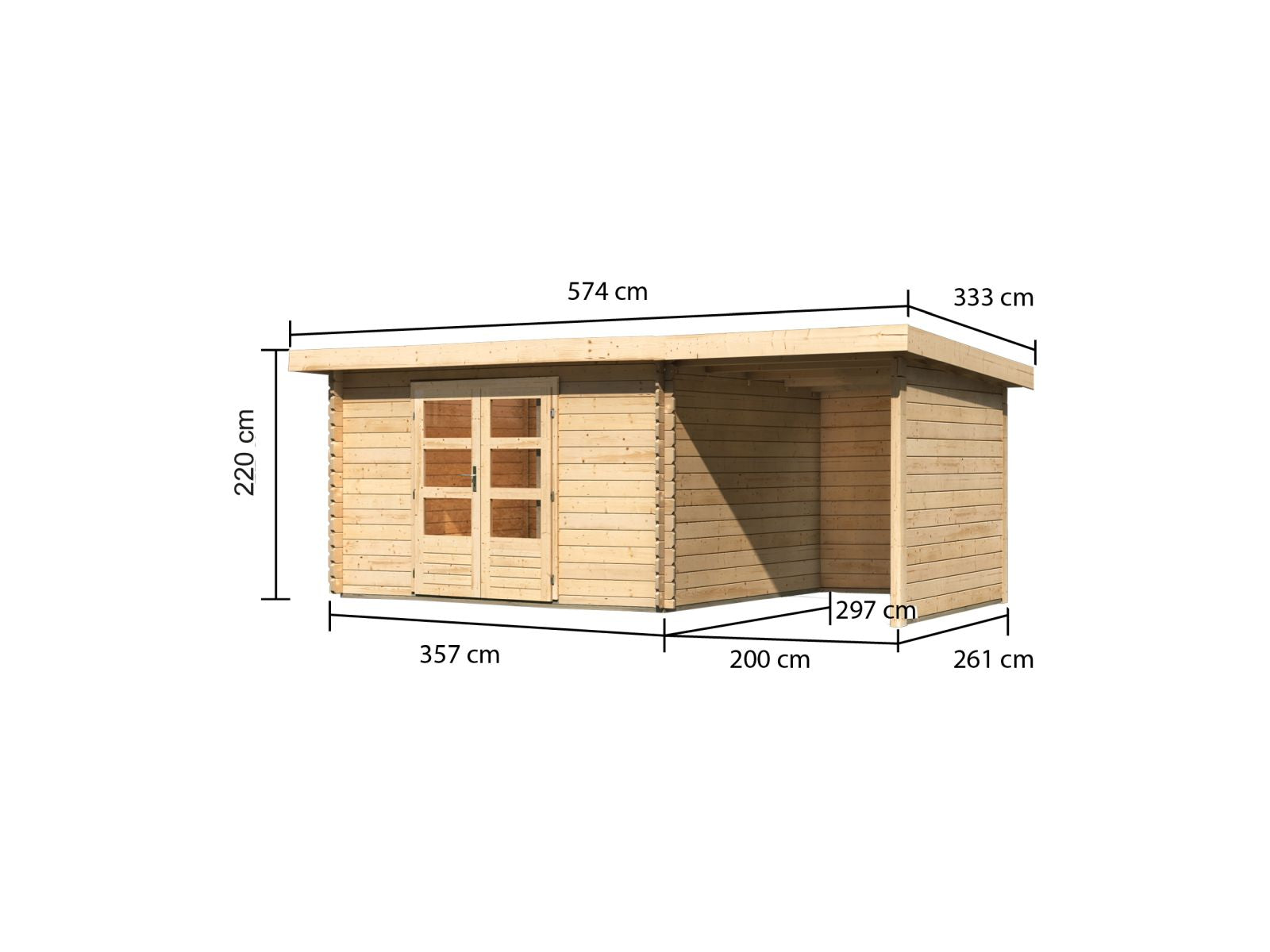 Karibu Gartenhaus Bastrup 7 mit Anbaudach 2 Meter, Rück- und Seitenwand