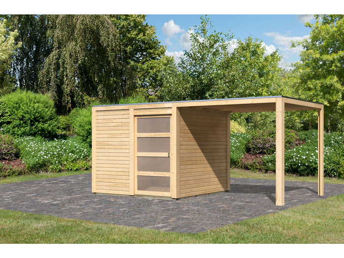 Karibu Gartenhaus Qubic natur mit Anbaudach
