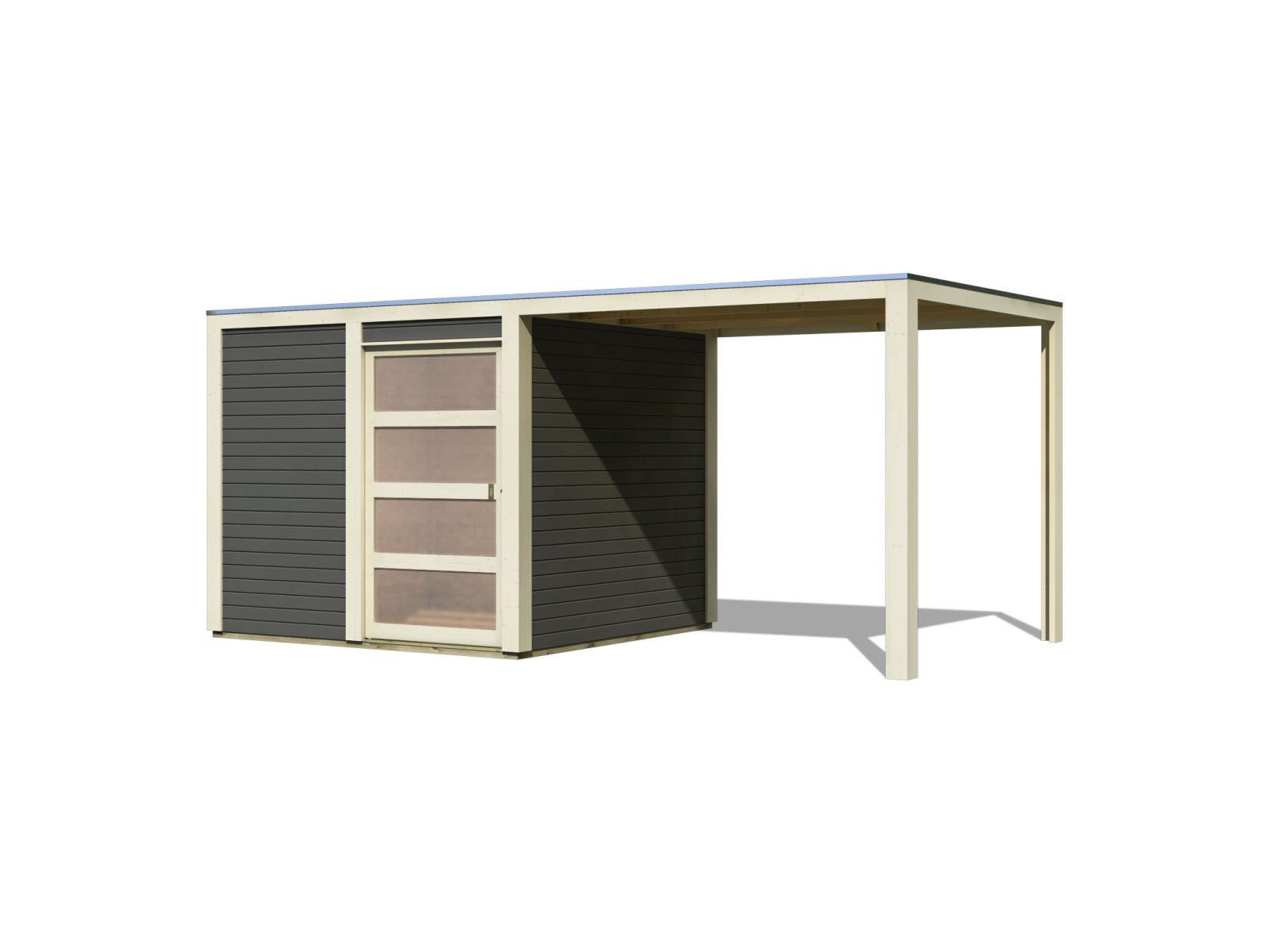 Karibu Gartenhaus Qubic in terragrau mit Anbaudach