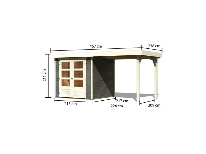 Karibu Gartenhaus Askola 2 terragrau mit Anbaudach 2,40 Meter