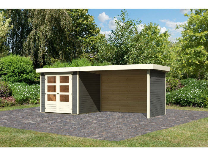 Karibu Gartenhaus Askola 2 terragrau mit Anbaudach 2,80 Meter, Seiten- und Rückwand