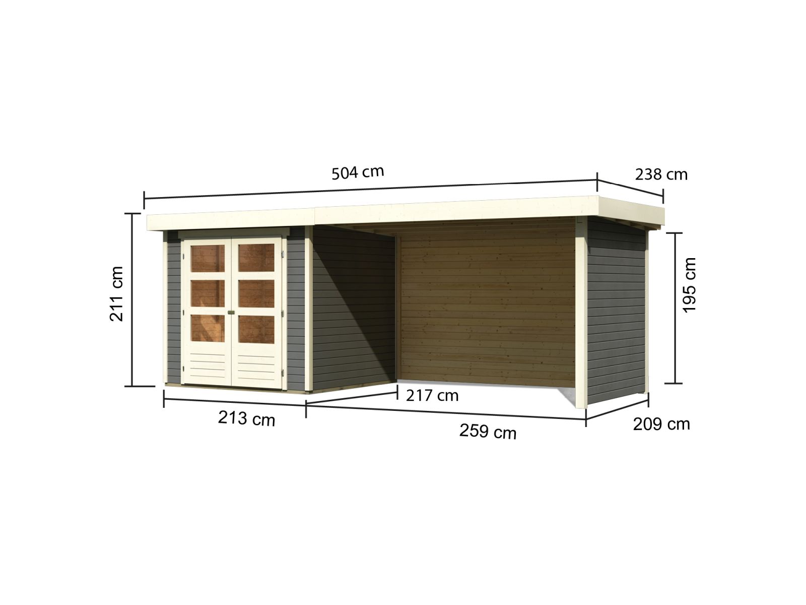 Karibu Gartenhaus Askola 2 terragrau mit Anbaudach 2,80 Meter, Seiten- und Rückwand