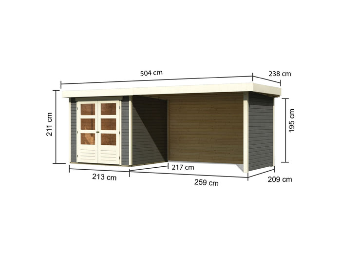 Karibu Gartenhaus Askola 2 terragrau mit Anbaudach 2,80 Meter, Seiten- und Rückwand