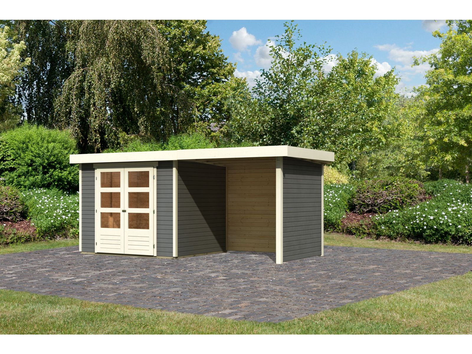 Karibu Gartenhaus Askola 3 in terragrau mit Anbaudach 2,40 Meter, Seiten- und Rückwand