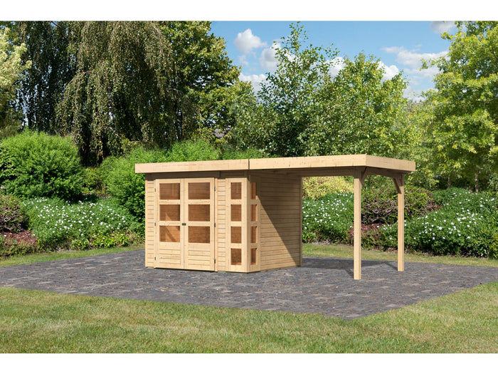 Karibu Gartenhaus Kerko 3 natur mit 2,40 m Anbaudach