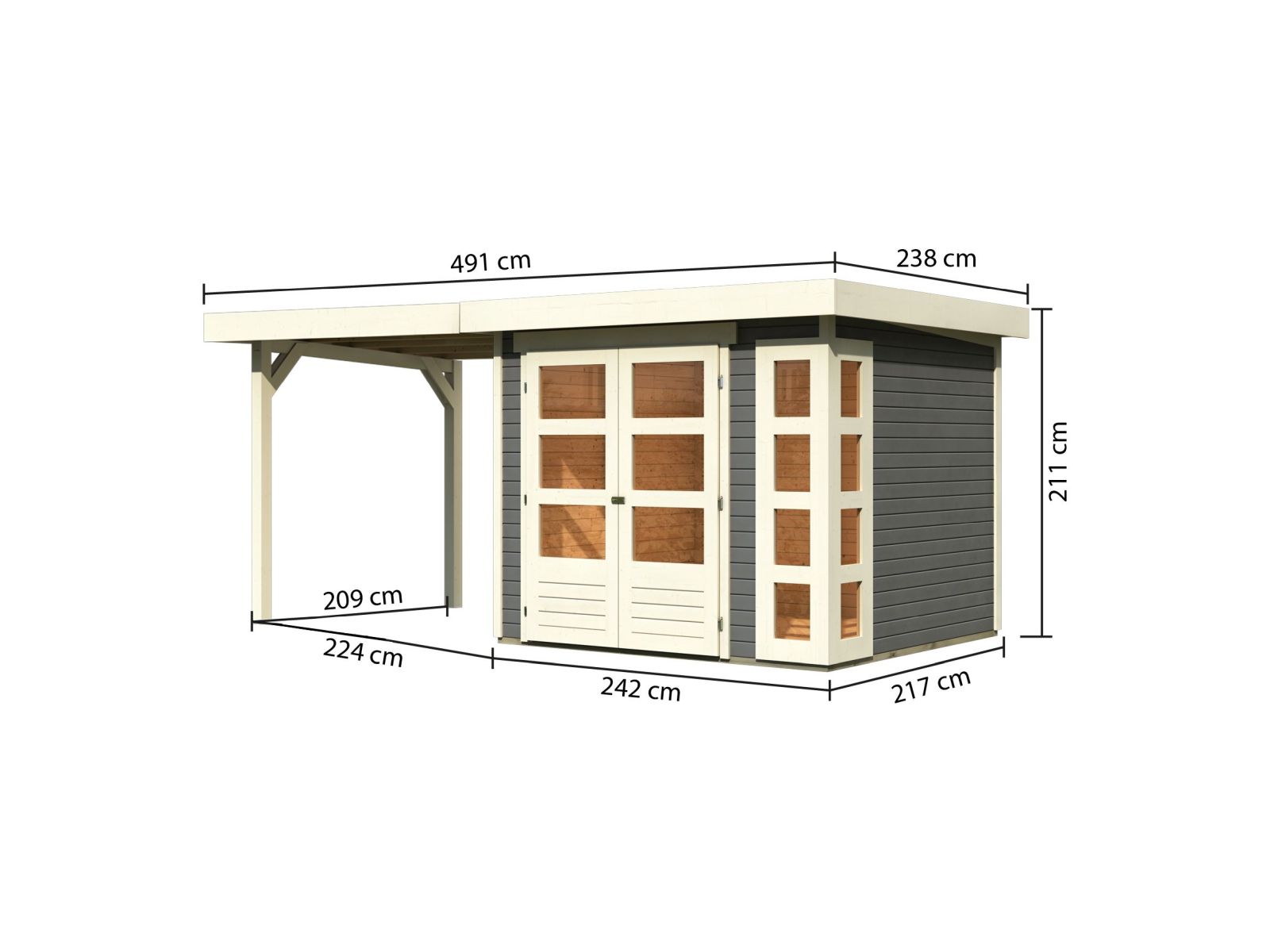 Karibu Gartenhaus Kerko 3 terragrau mit 2,40 m Anbaudach