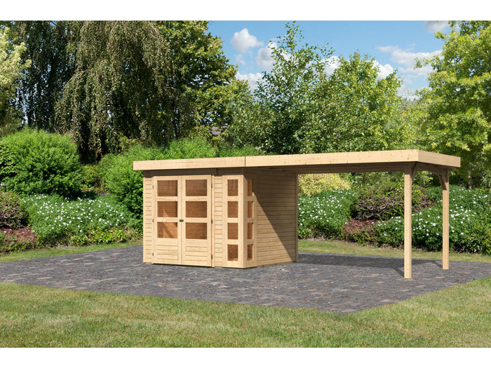 Karibu Gartenhaus Kerko 3 natur mit 2,80 m Anbaudach