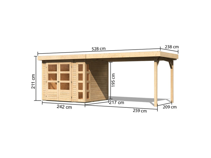 Karibu Gartenhaus Kerko 3 natur mit 2,80 m Anbaudach