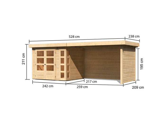 Karibu Gartenhaus Kerko 3 natur mit 2,80 m Anbaudach Inklusive Rück-und Seitenwand