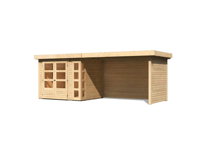 Karibu Gartenhaus Kerko 3 natur mit 2,80 m Anbaudach Inklusive Rück-und Seitenwand