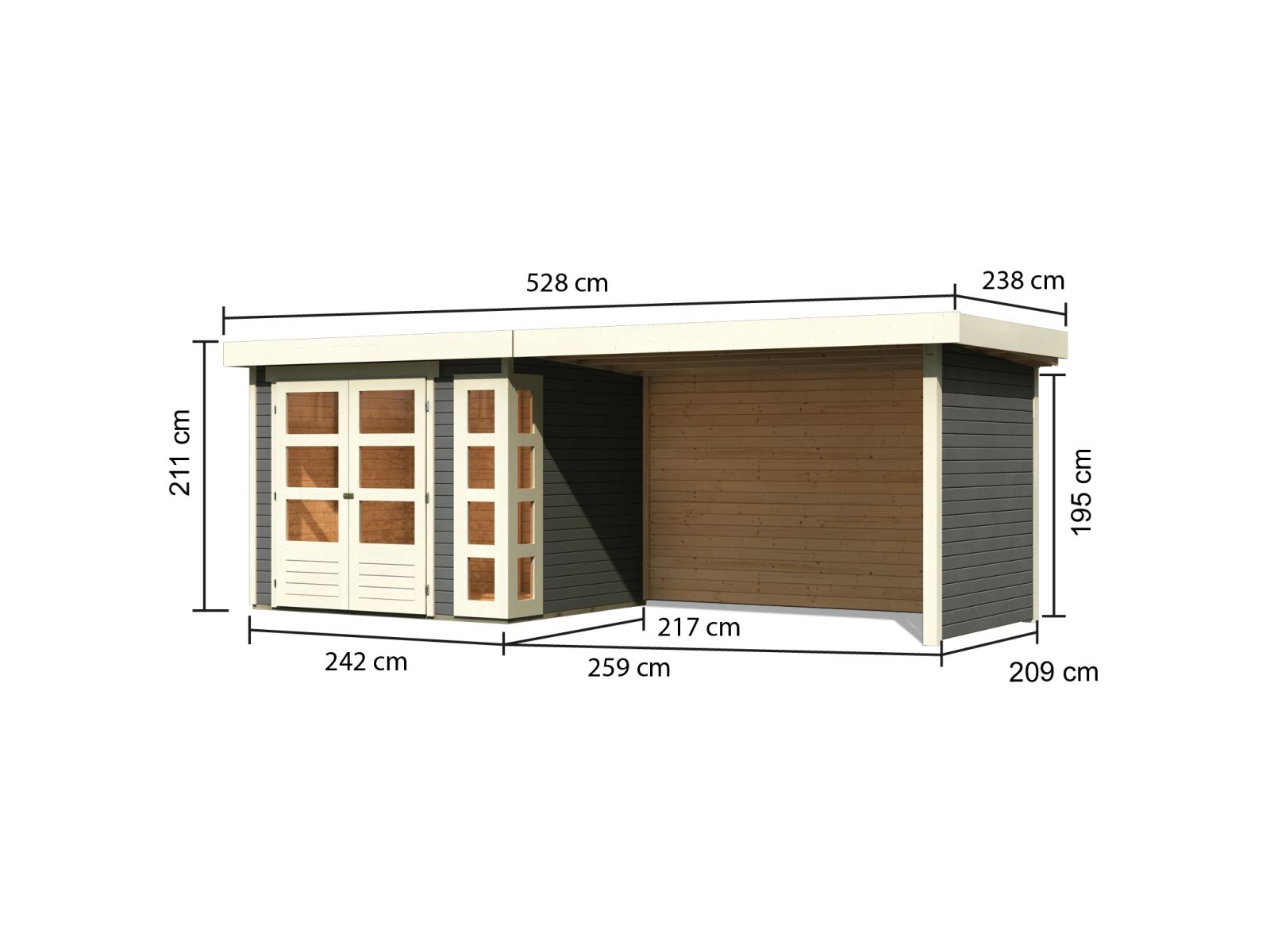Karibu Gartenhaus Kerko 3 in terragrau mit 2,80 m Anbaudach inklusive Rück-und Seitenwand
