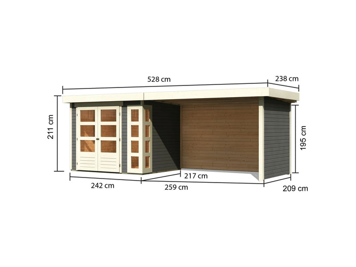 Karibu Gartenhaus Kerko 3 in terragrau mit 2,80 m Anbaudach inklusive Rück-und Seitenwand