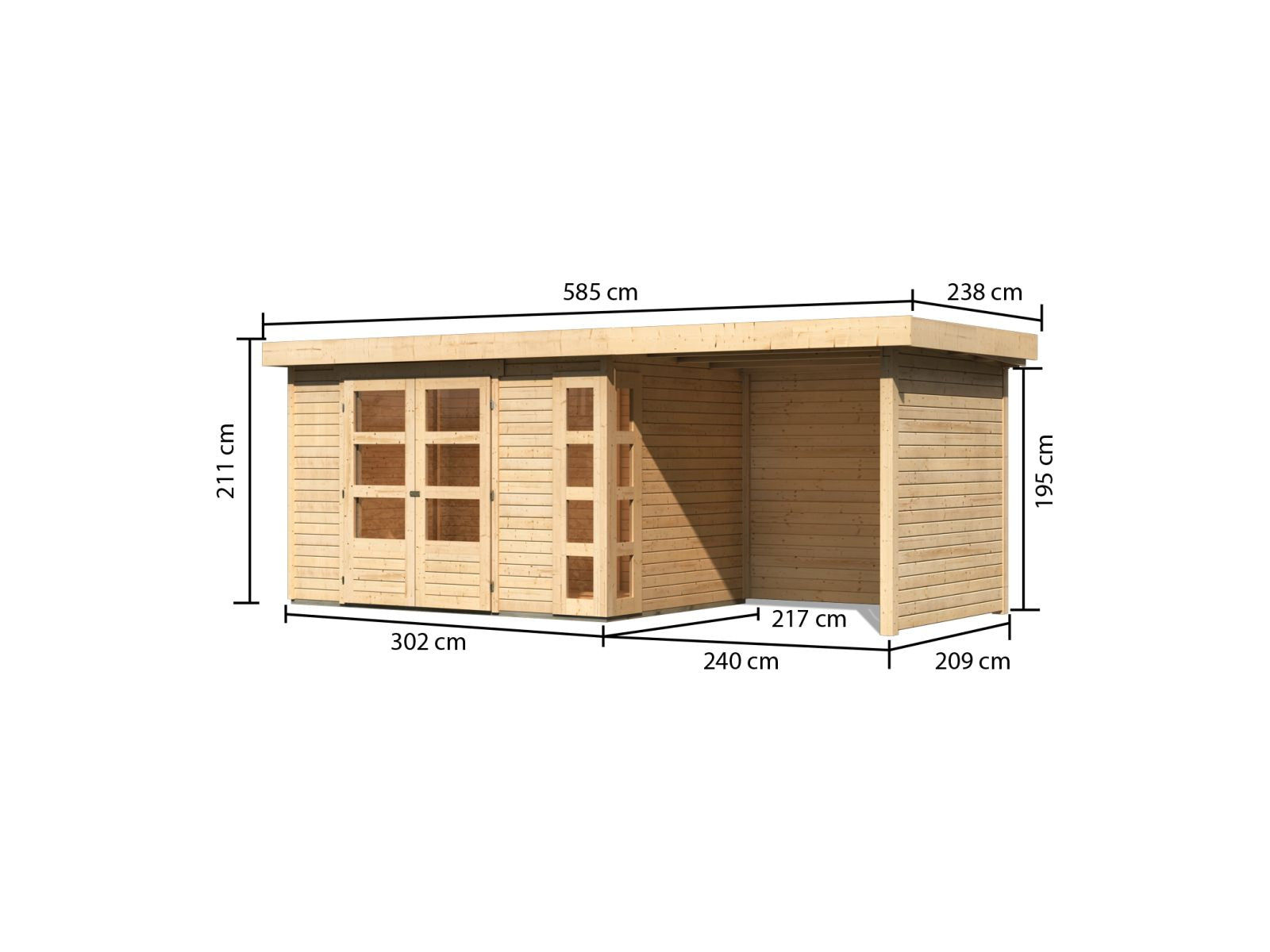 Karibu Gartenhaus Kerko 4 natur mit Anbaudach 2,40 m und Rück-und Seitenwand