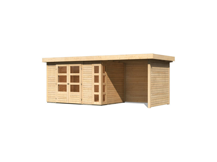 Karibu Gartenhaus Kerko 4 natur mit Anbaudach 2,40 m und Rück-und Seitenwand