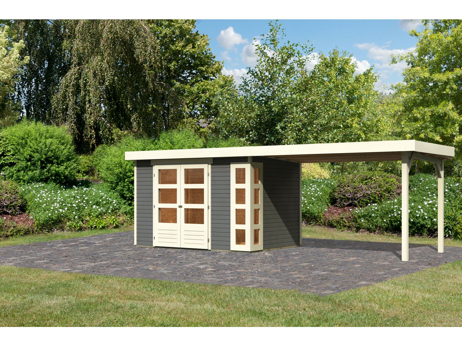 Karibu Gartenhaus Kerko 4 in terragrau mit Anbaudach 2,80 m
