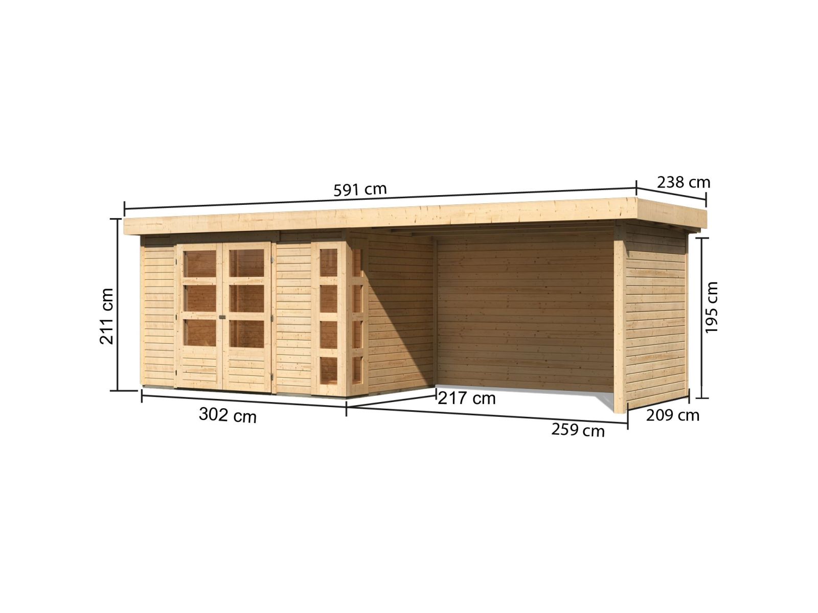 Karibu Gartenhaus Kerko 4 natur mit Anbaudach 2,80 m inklusive Rück-und Seitenwand