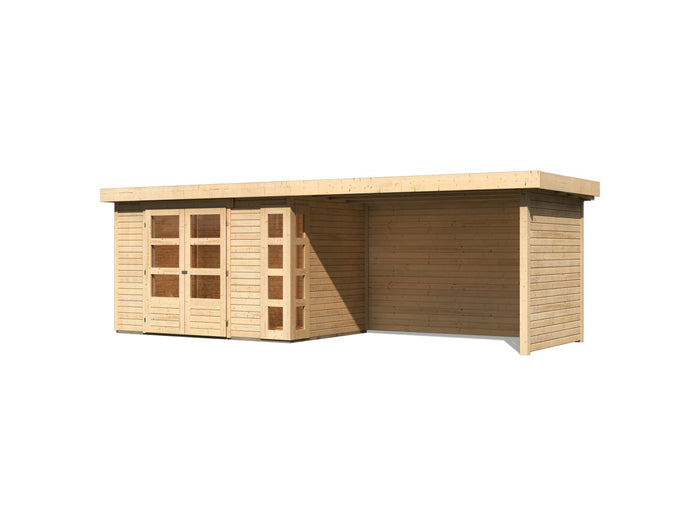 Karibu Gartenhaus Kerko 4 natur mit Anbaudach 2,80 m inklusive Rück-und Seitenwand