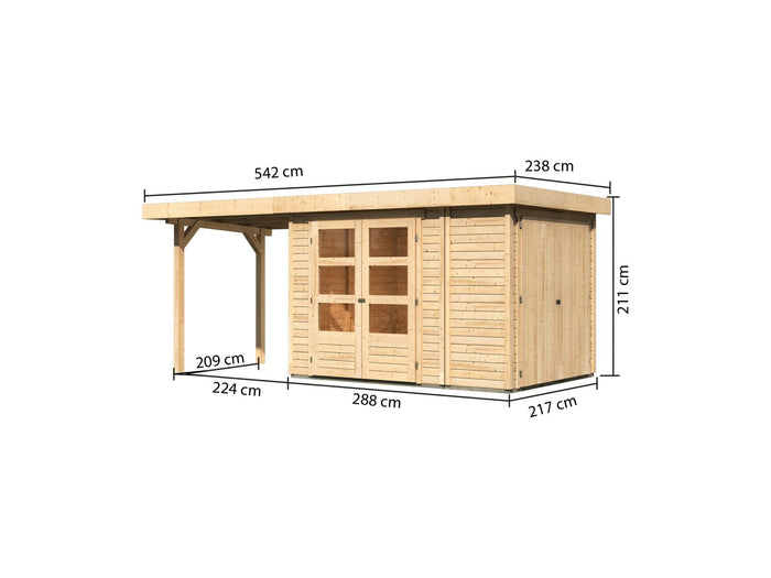 Karibu Gartenhaus Retola 2 natur mit Anbauschrank und 2,40 Meter Anbaudach