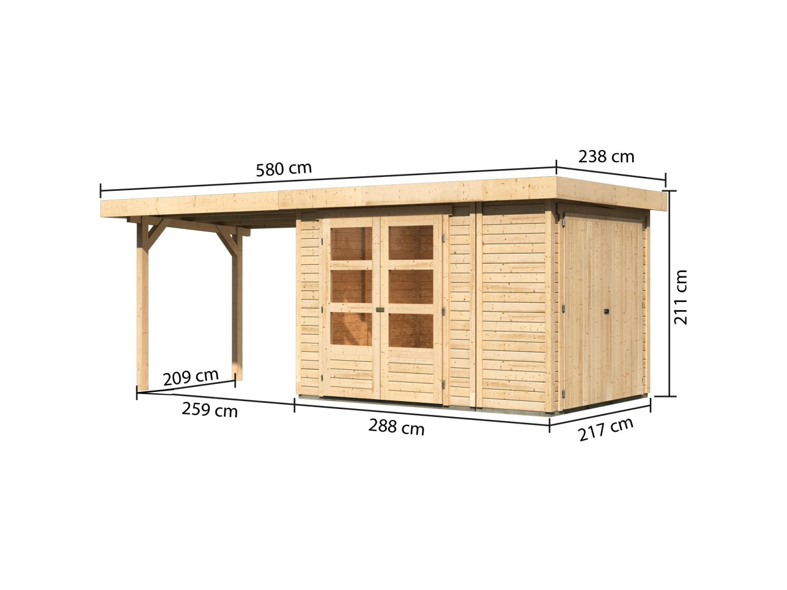 Karibu Gartenhaus Retola 2 natur mit Anbauschrank und 2,80 Meter Anbaudach