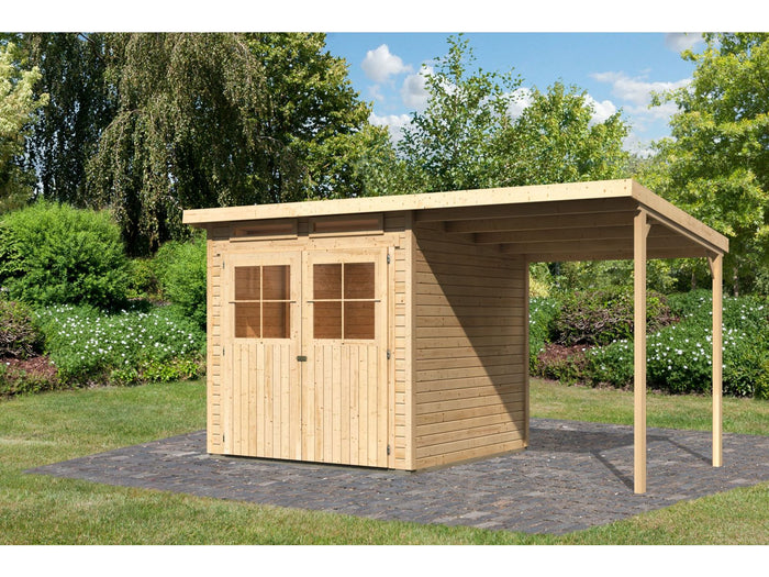 Karibu Gartenhaus Glücksburg 3 natur mit Anbaudach 1,90 Meter