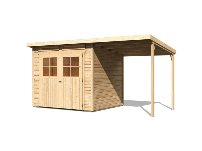 Karibu Gartenhaus Glücksburg 4 natur mit Anbaudach 1,90 Meter